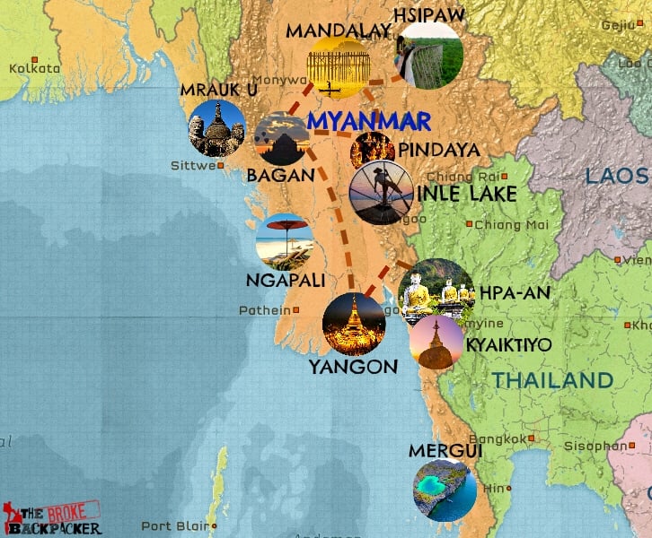 Map of Myanmar and a suggested travel itinerary