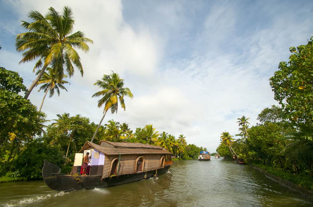 man on the back of a houseboat on a palm tree lined canal in india