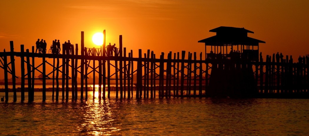 U Bein Bridge at sunset - very popular tourist attraction in Mandalay
