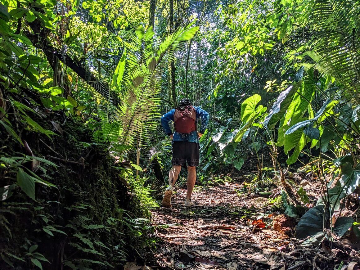 Seba wearing an Osprey backpack walking through the Colombian jungle