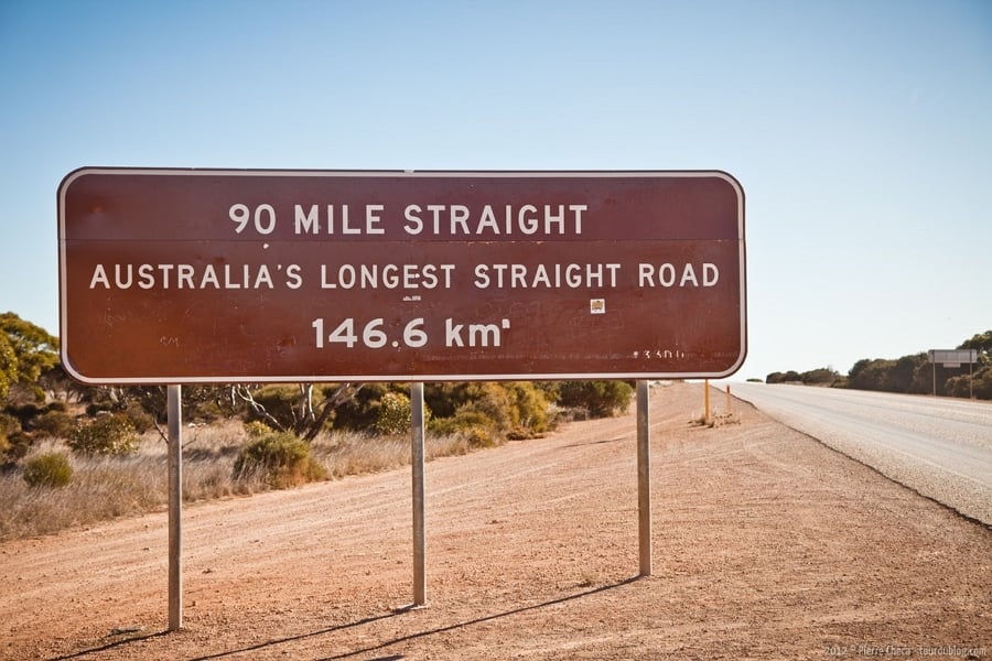 Eyre Highway, Nullarbor Plain, 90 Mile Straight sign - Australia's longest straight Road
