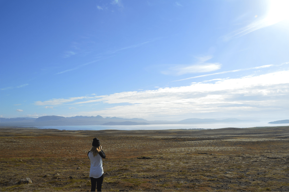 A woman looking out over the vast landscape of Iceland with mountains and a lake in the distance