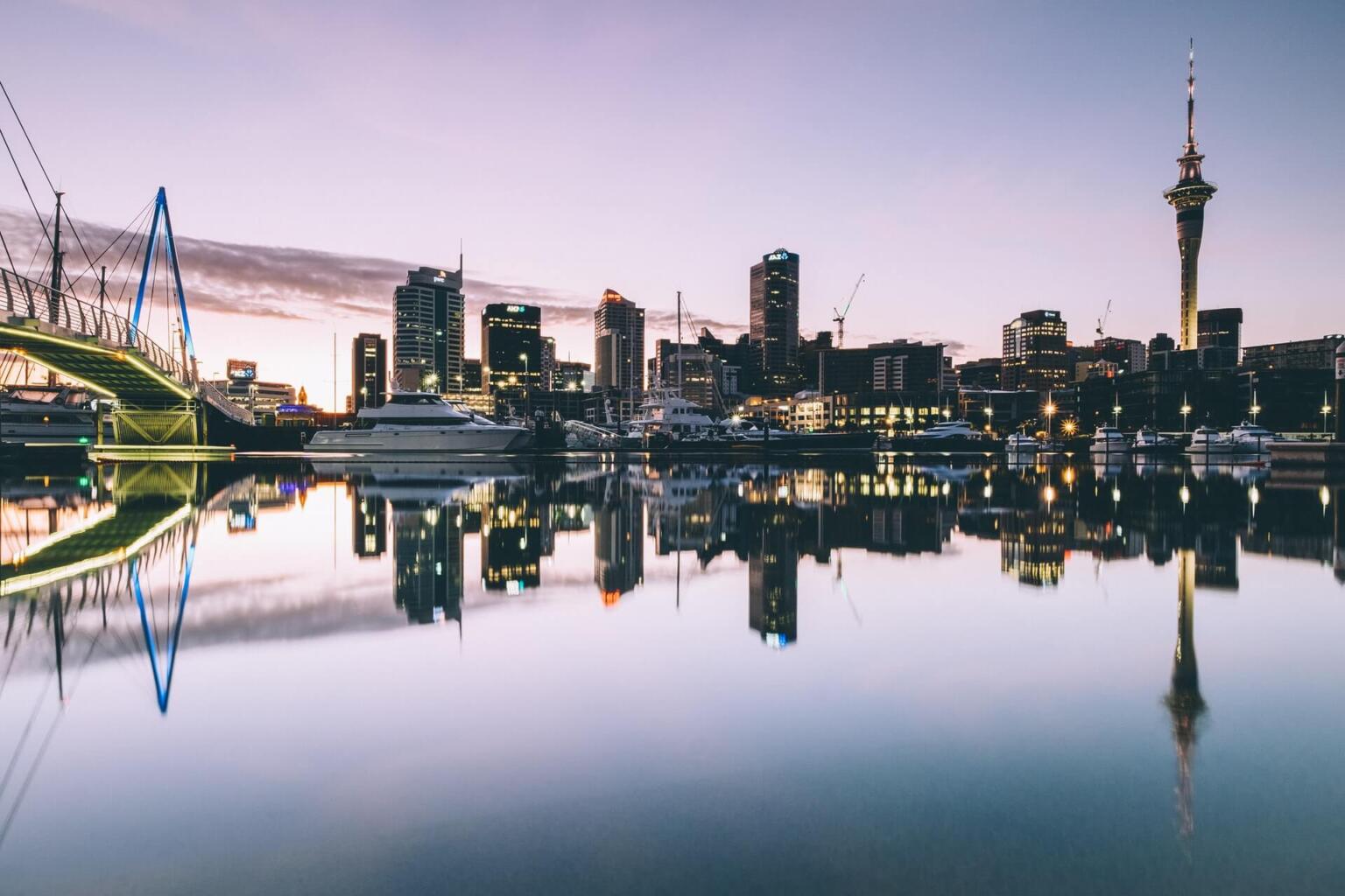 View of Auckland's city skyline and harbour at dusk