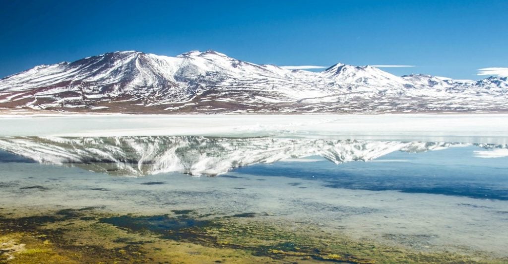 Salt Lakes Bolivia. The mountains and sky are reflected as a mirror in the salt lakes.