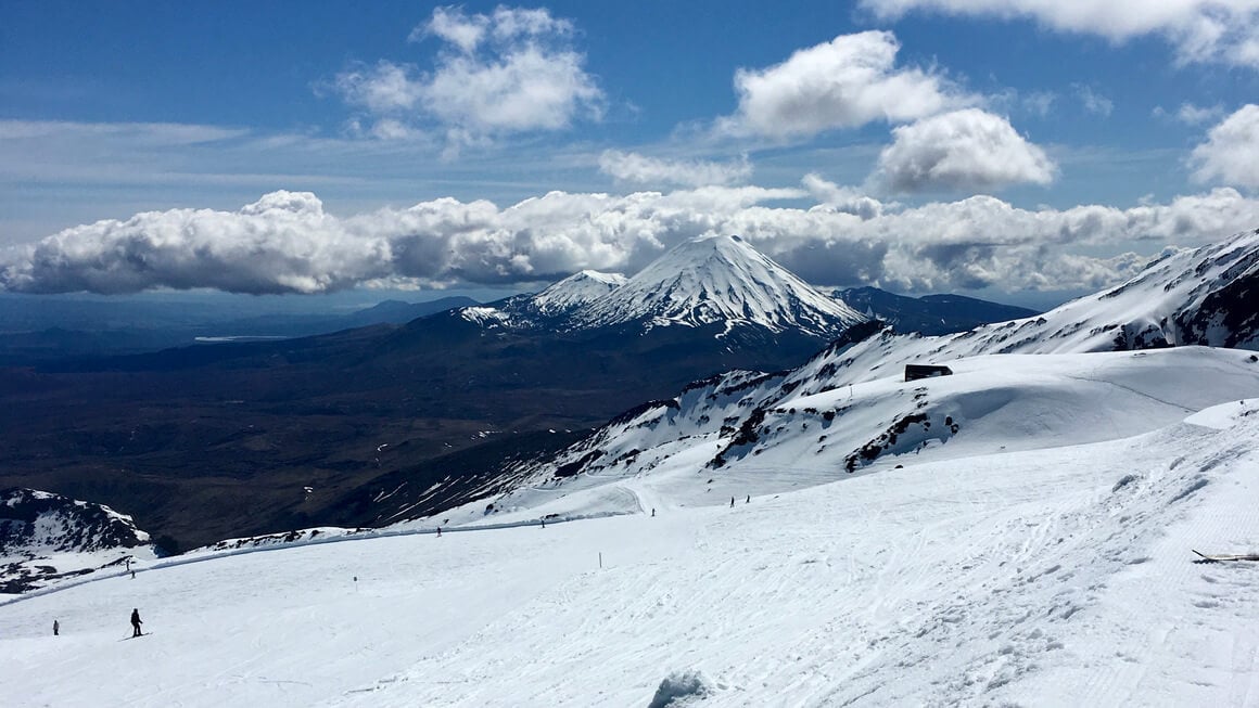 view over snowy mountains from mount ruapehu, tongariro national park, new zealand