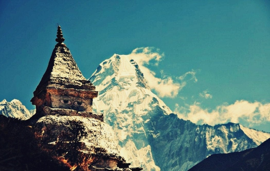 A temple in Nepal with Fishtail (Machapuchre) behind it