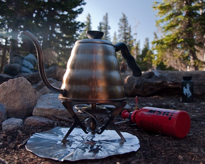 Boiling water on a camp stove for a hot beverage