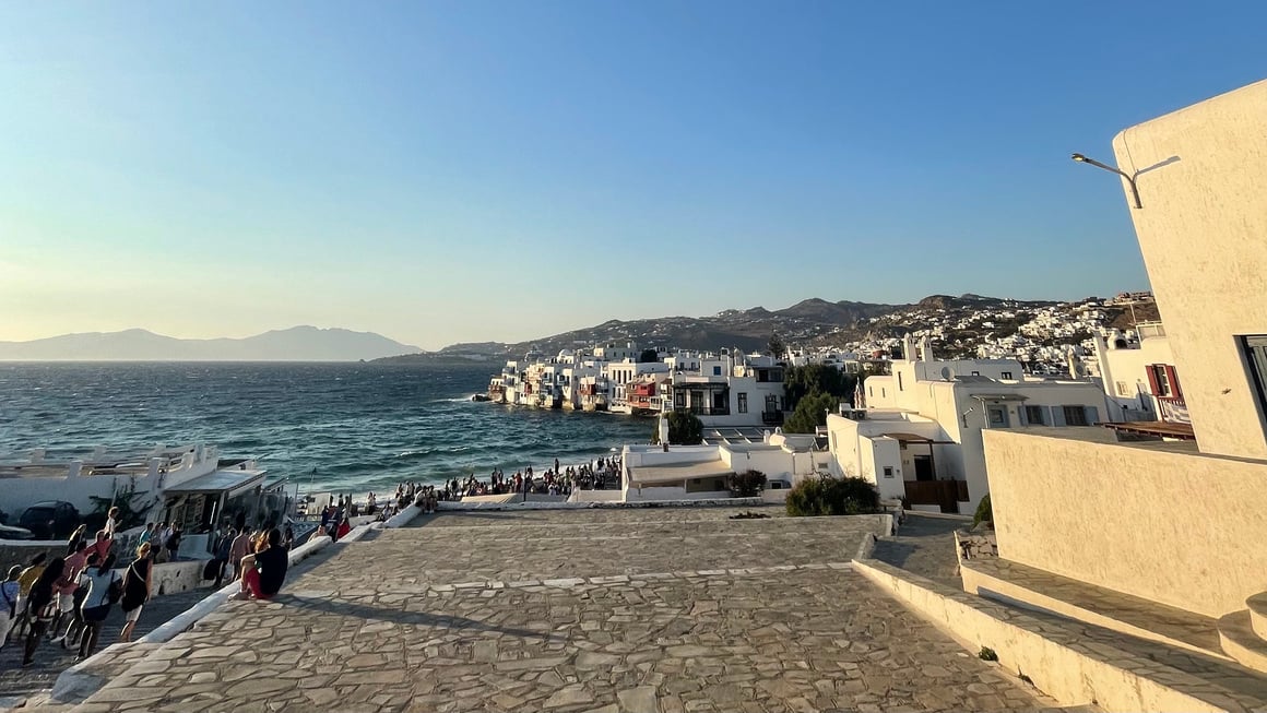 busy town by the sea in Mykonos town, greece