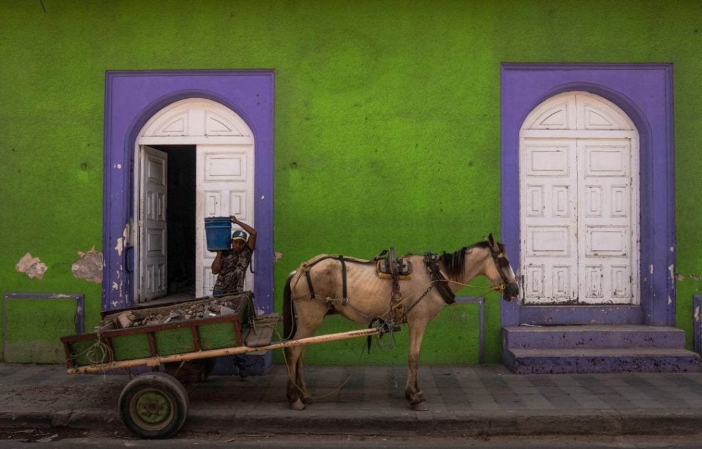 man carrying stuff on horse cart in Granada Nicaragua