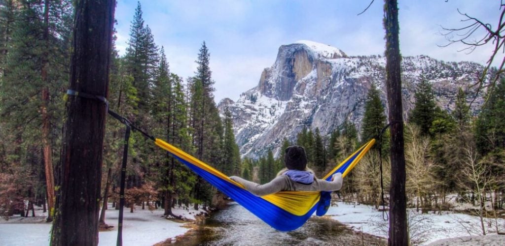 portable hammock in picturesque snowy mountains