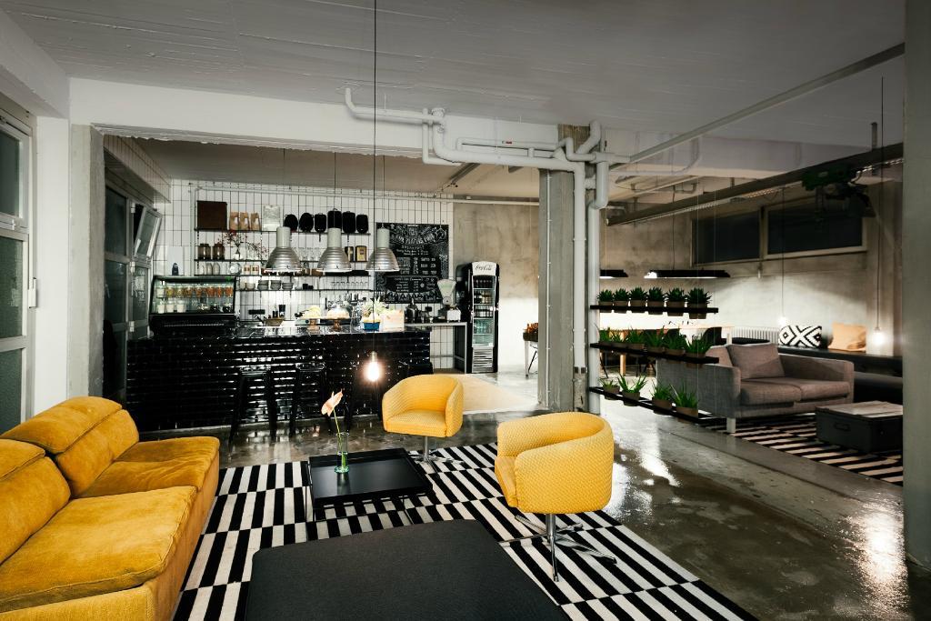 Modern and stylish lobby at the Wallyard Concept Hostel