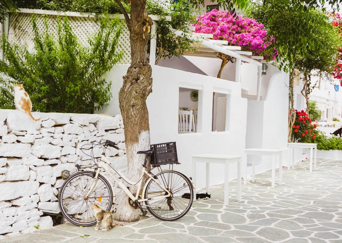 A parked bicycle in a village street on the Greek islands