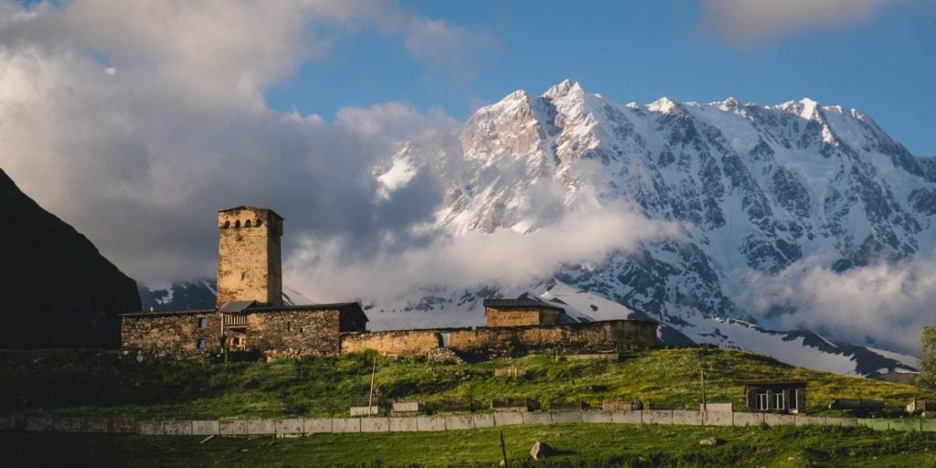 Lamari Church in Ushguli With Shkhara in Background Backpacking Georgia