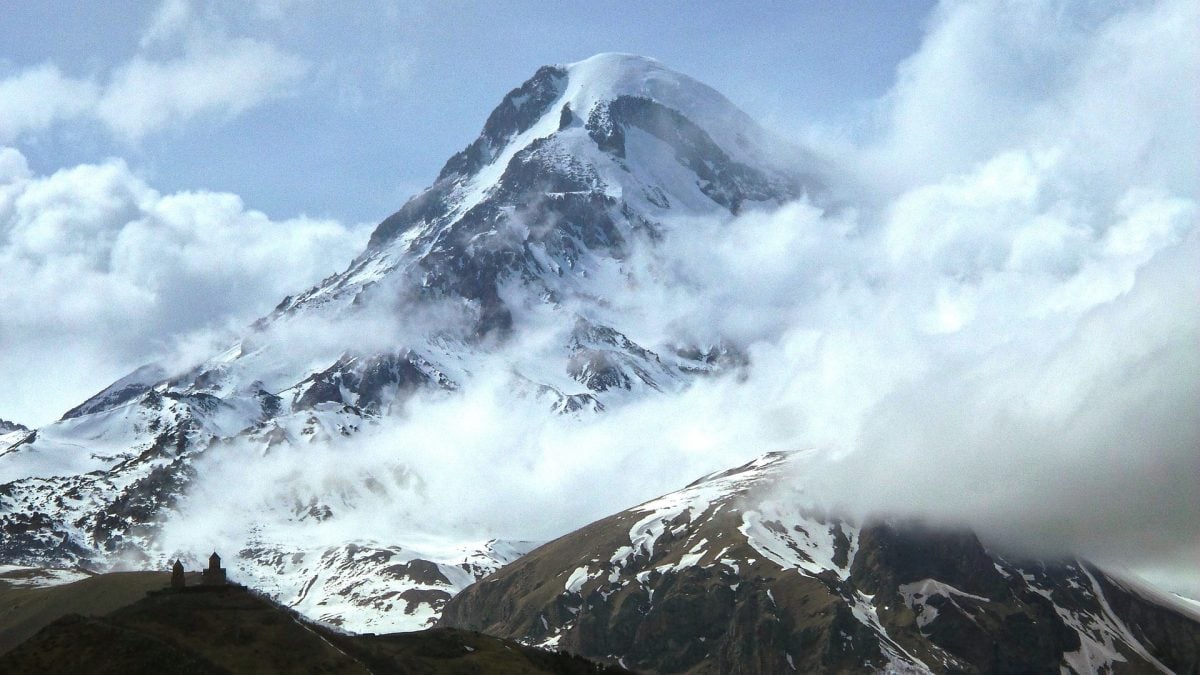 Mt Kazbek and Gergeti Trinity Church Kazbegi Georgia