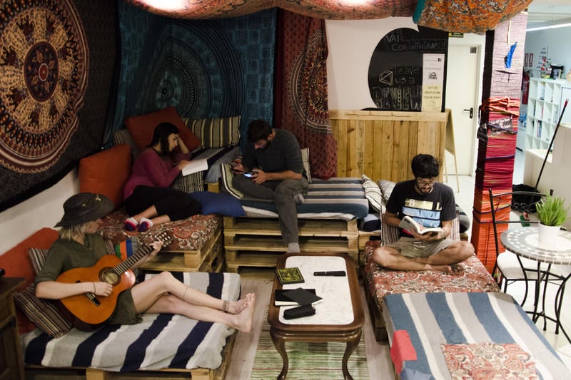 Rocket Hostels Gracia guests in chill area.