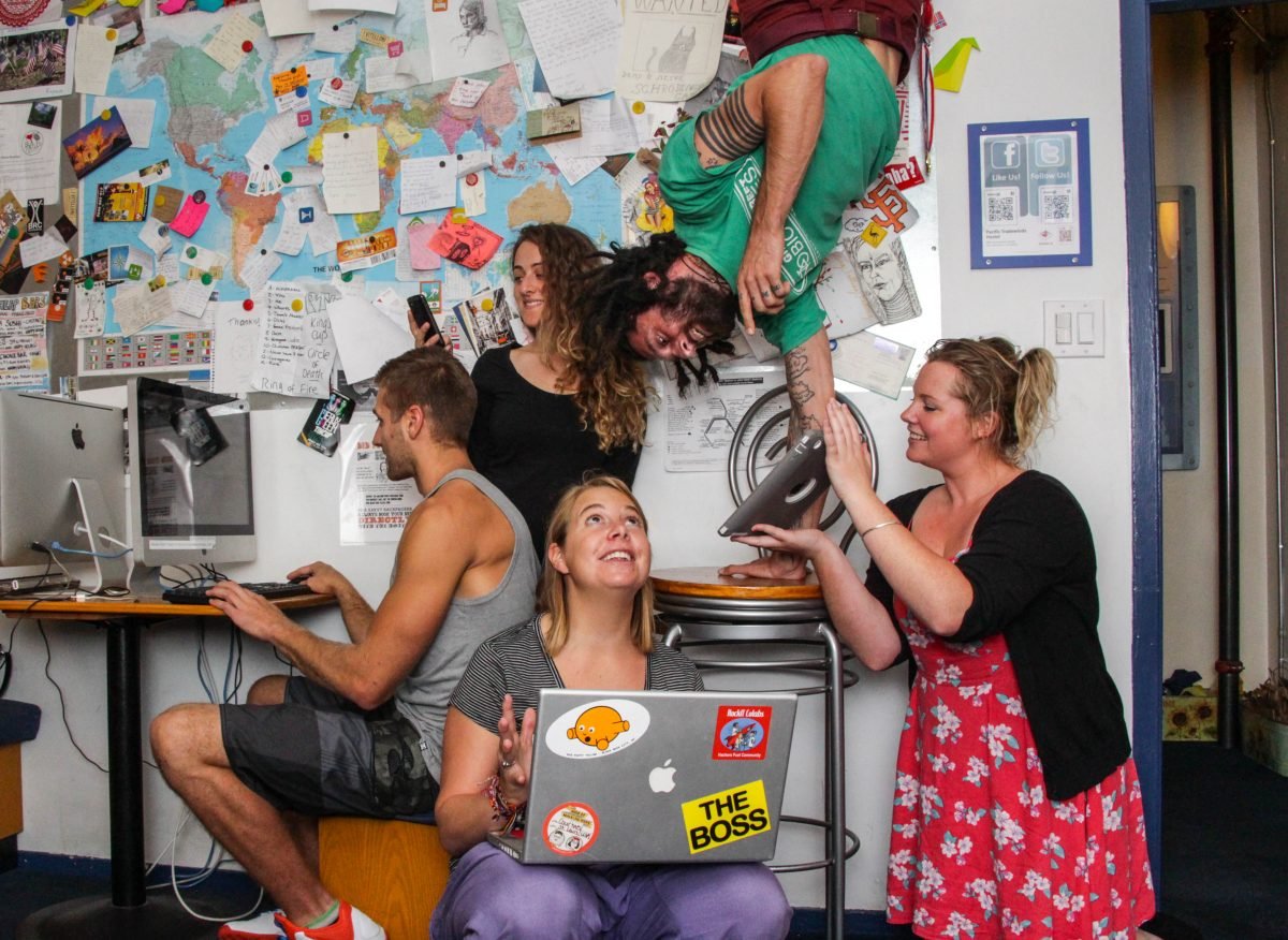 Pacific Tradewinds Hostel best hostels in San Francisco friends working on computers and playing around