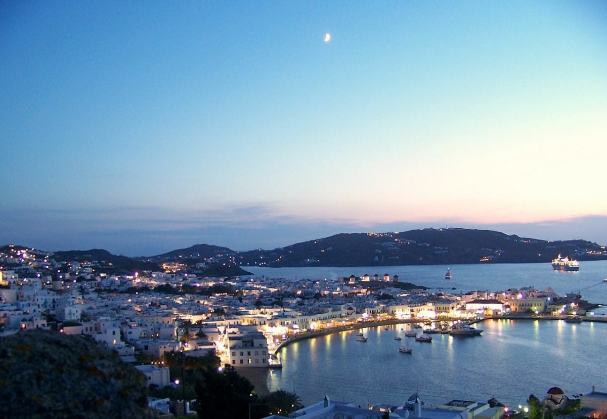 Visiting Mykonos at night while backpacking Greece