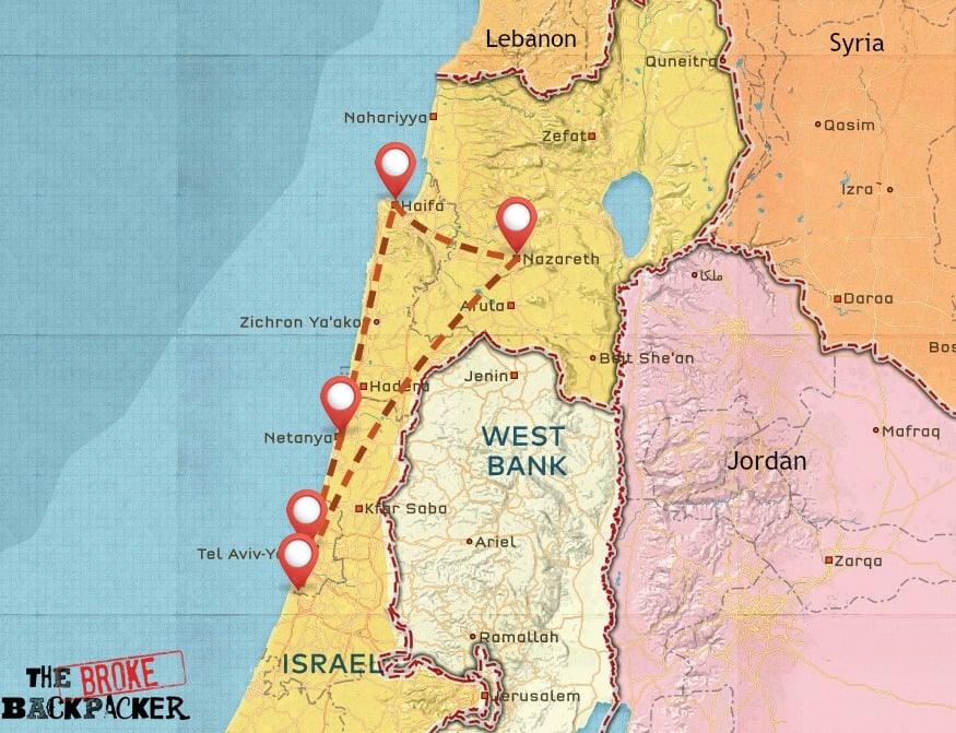 Map of Israel travel itinerary #1