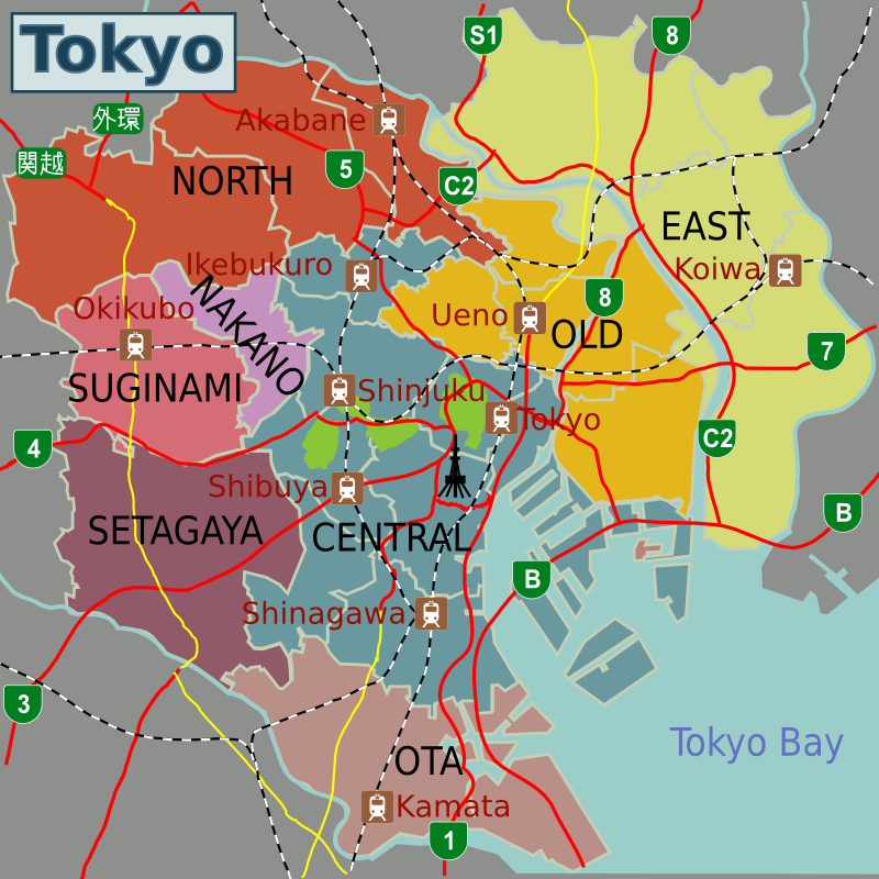 A map of Tokyo showing the districts
