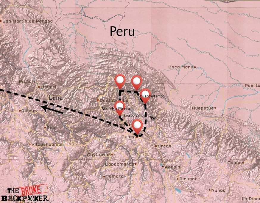 Peru backpacking itinerary Map of Peru's Sacred Valley itinerary