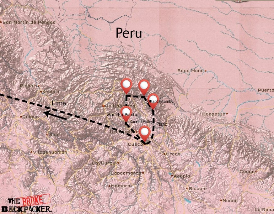 Map of Peru's Sacred Valley itinerary