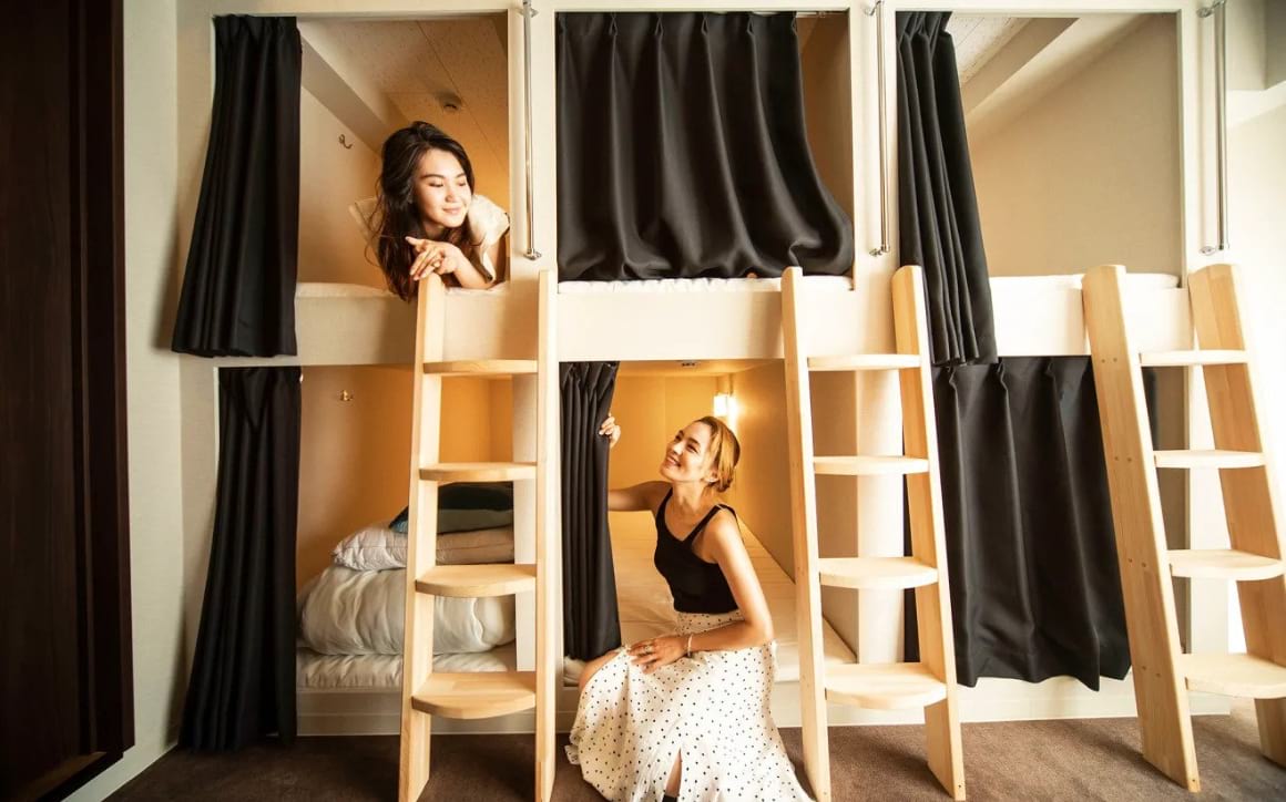 Family in bunk beds at the Terrace Hostel Shinbashi