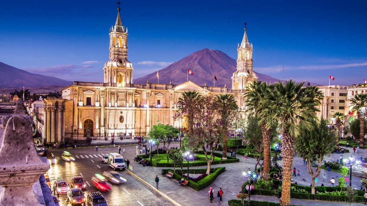 The town square and cathedral in Arequipa