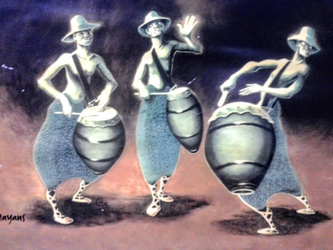Brazilian paint showing afro descendants playing music with African drums.