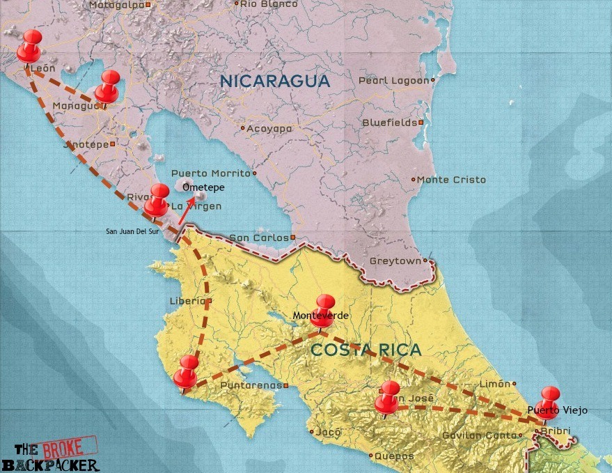 Central America backpacking route