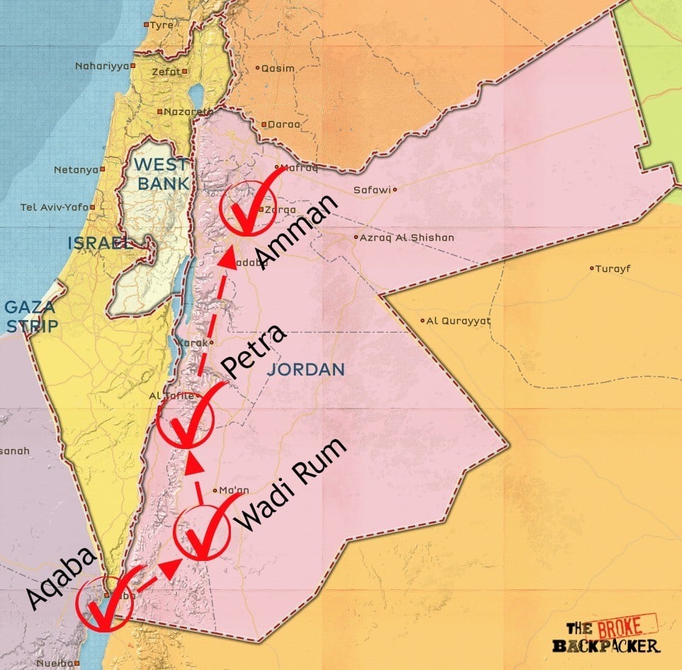Map of the Jordan itinerary - 10 days