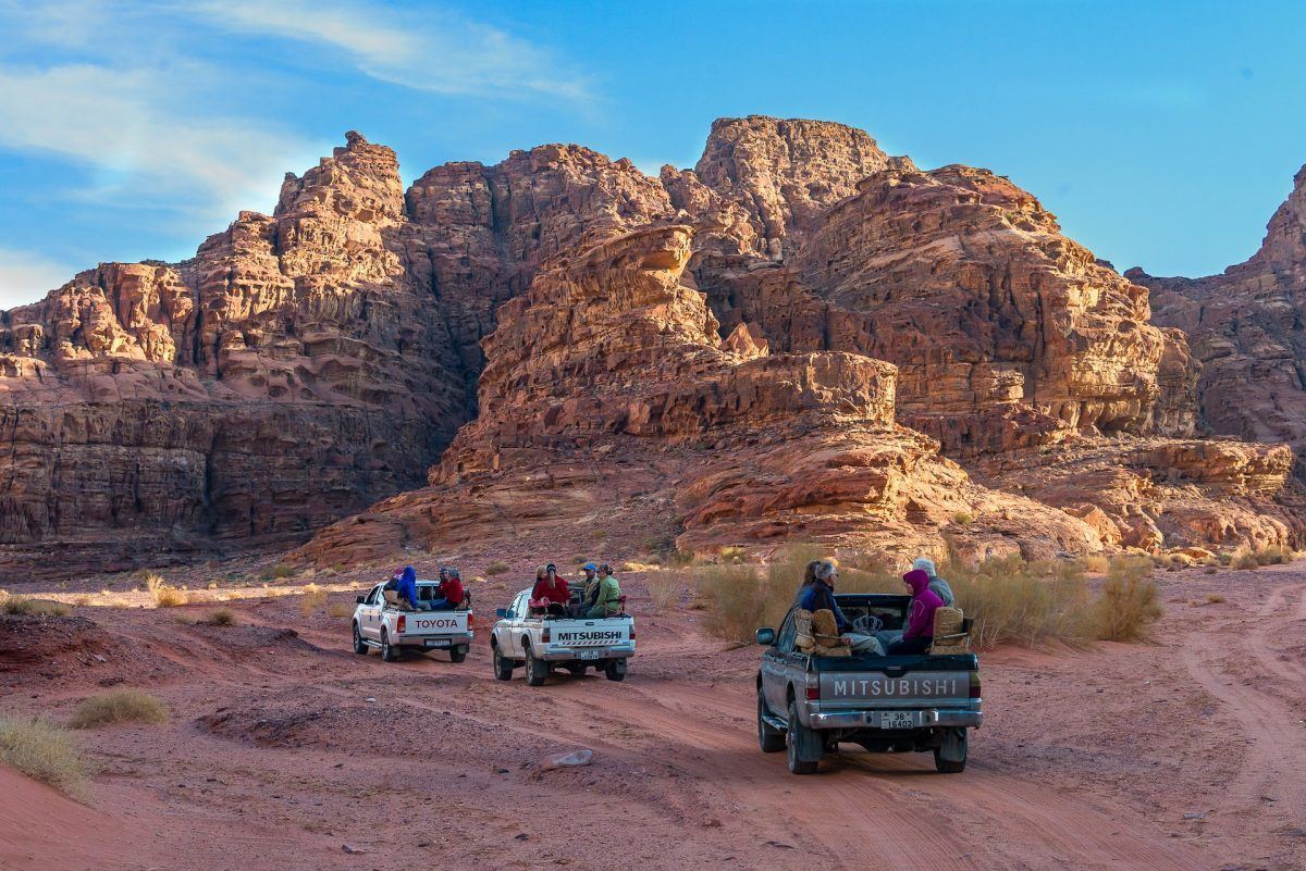 Bedouin caravan traveling in the wadi rum of jordan