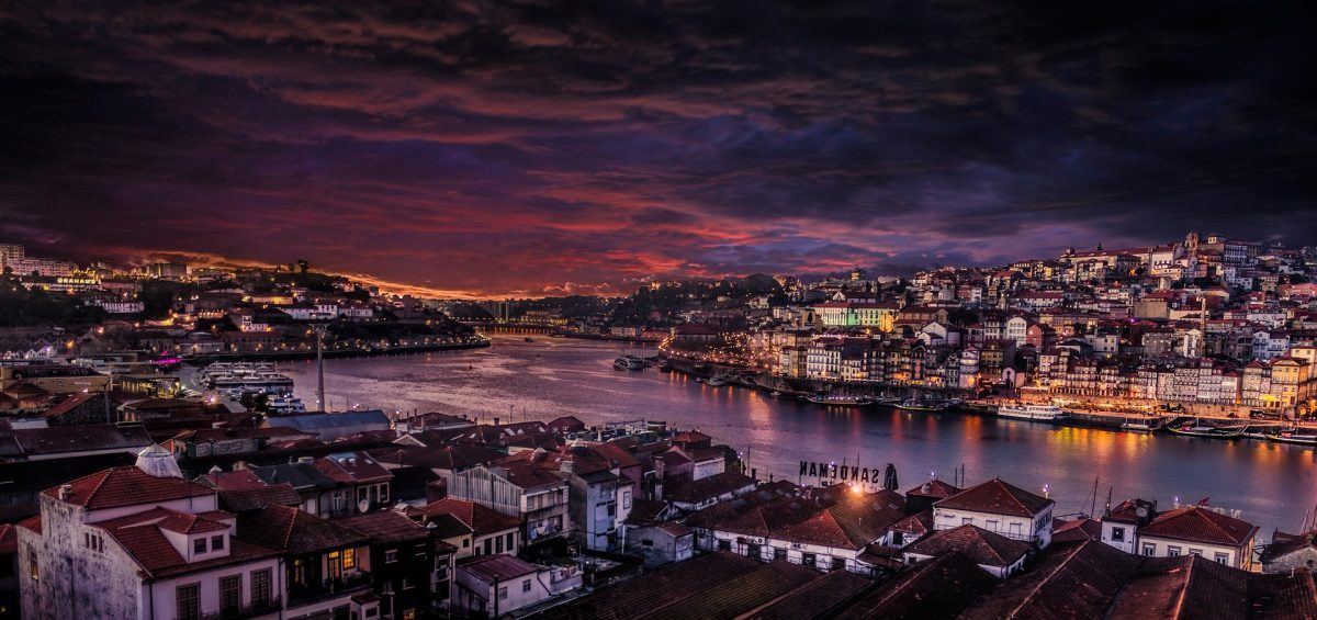 Porto and Villa nova de gaia at dusk portugal