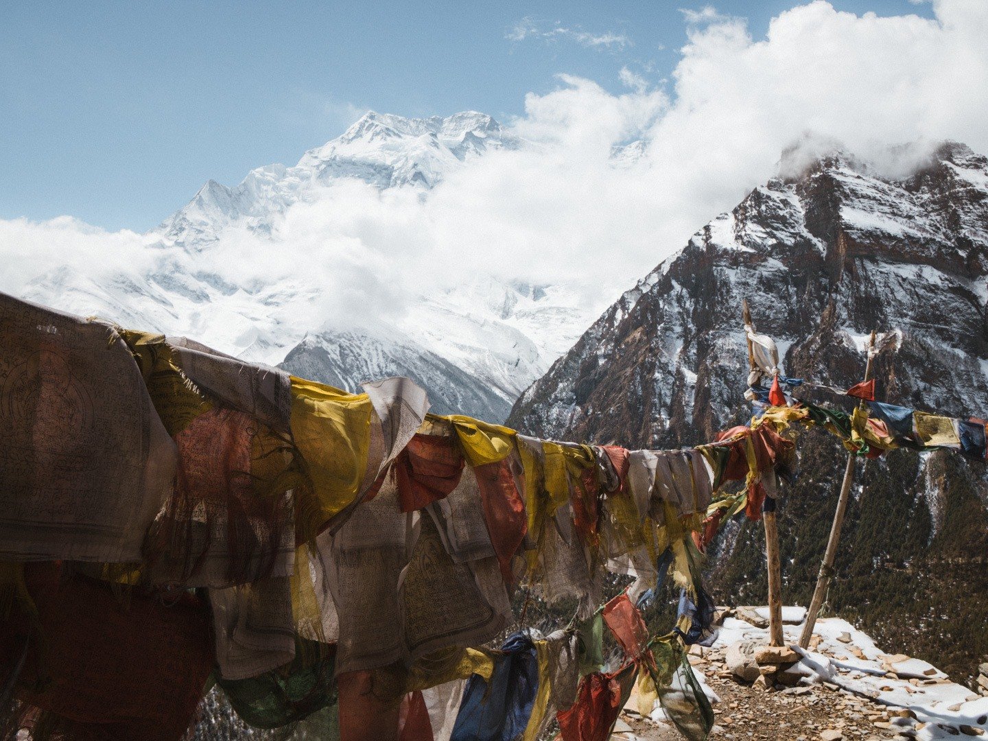 Tibetan prayer flags photographed while trekking the Annapurna Circuit