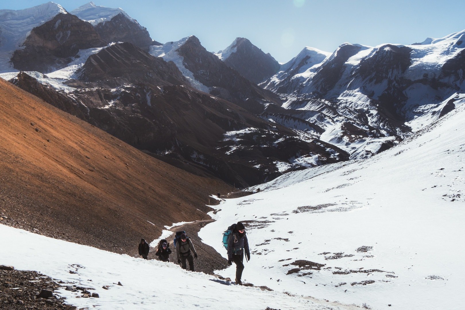 Group trekking through Thorong La Pass on the Annapurna Circuit