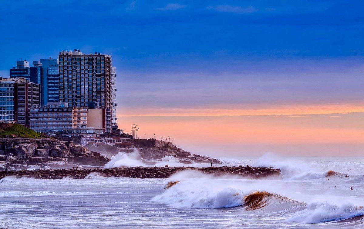 waves on the argentinian coast at twilight.