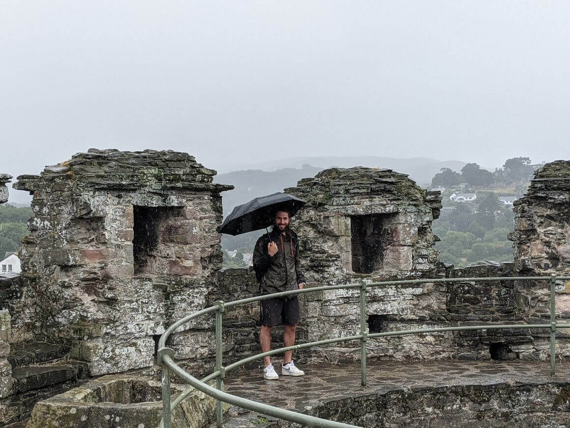 Man stood facing away under an umbrella in the rain at the top of a medieval castle turret