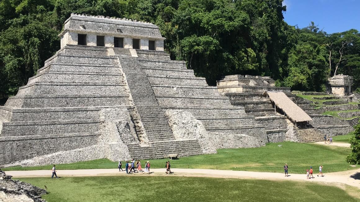 Pyramid in ruins complex in Palenque, Mexico.