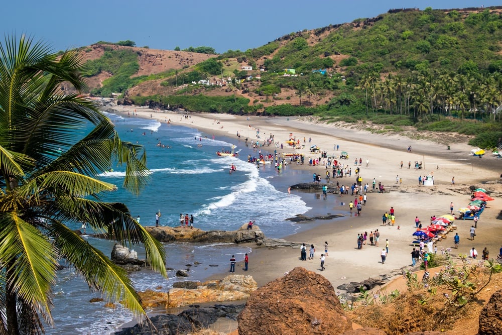 a tropical beach in goa india filled with beach goers and green palm trees