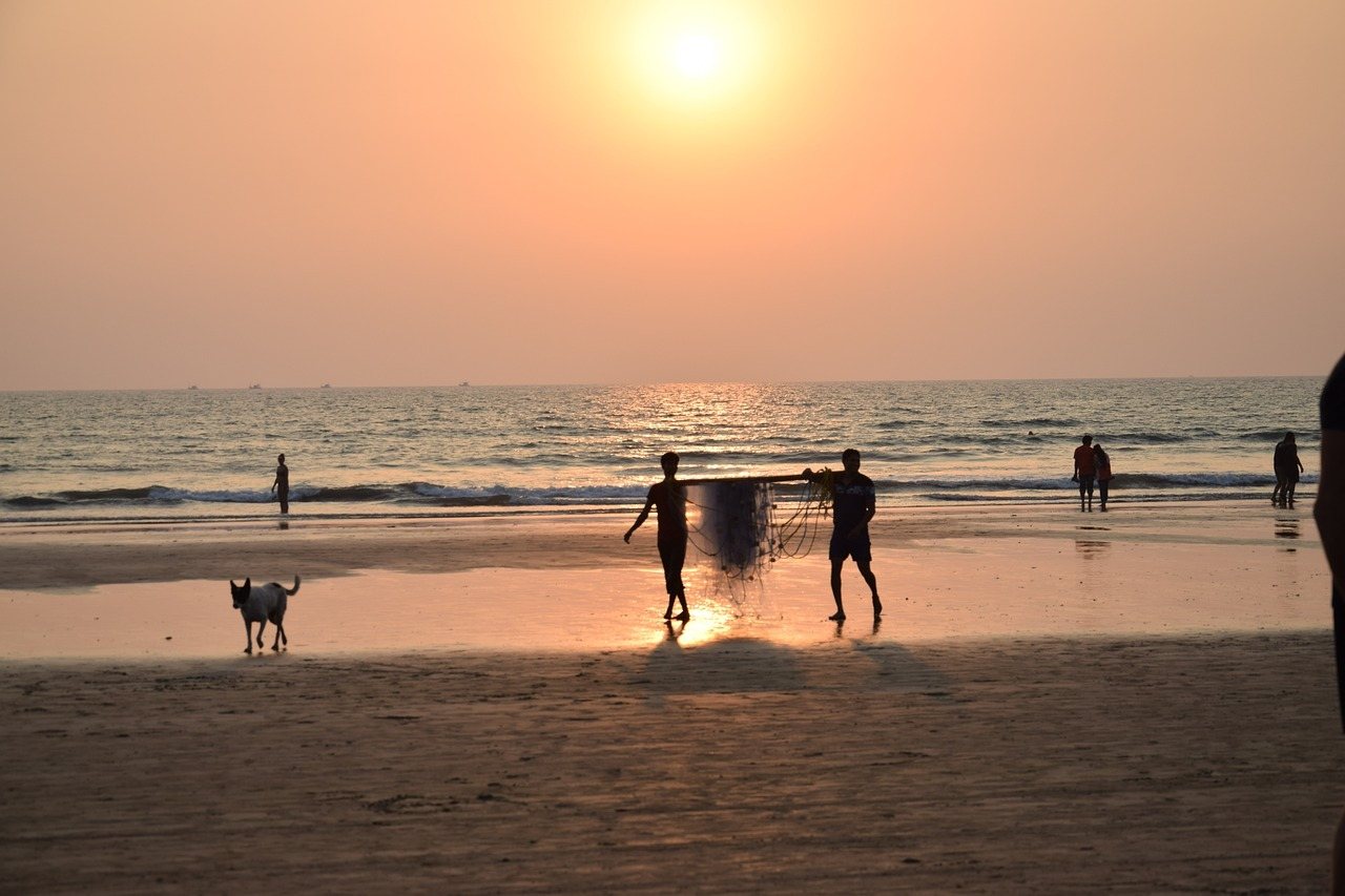 two people and a dog walking toward the ocean during a yellow orange sunset while staying in goa