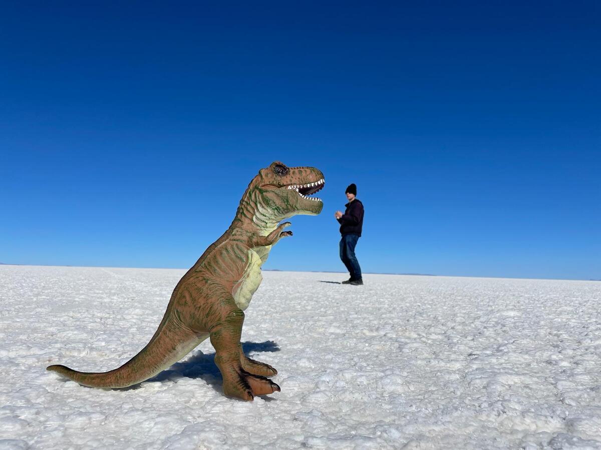 Alex fighting a dinosaur at the Uyuni Salt Flats in Bolivia.
