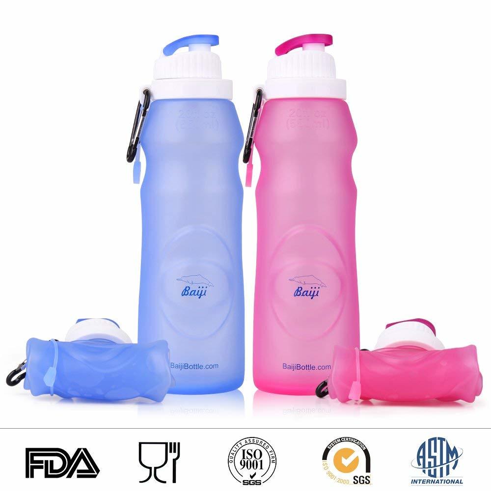 Black Foldable Water Bottle for Travel Sports Bottles with Triple Leak Proof Lightweight 20oz E-Senior Collapsible Water Bottle BPA Free 
