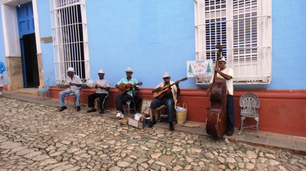 Musicians laying instruments in the streets of Trinidad