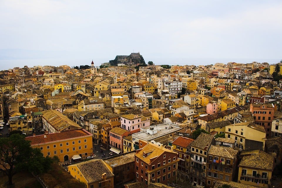 A town in Corfu showing examples of Byzantine-era architecture