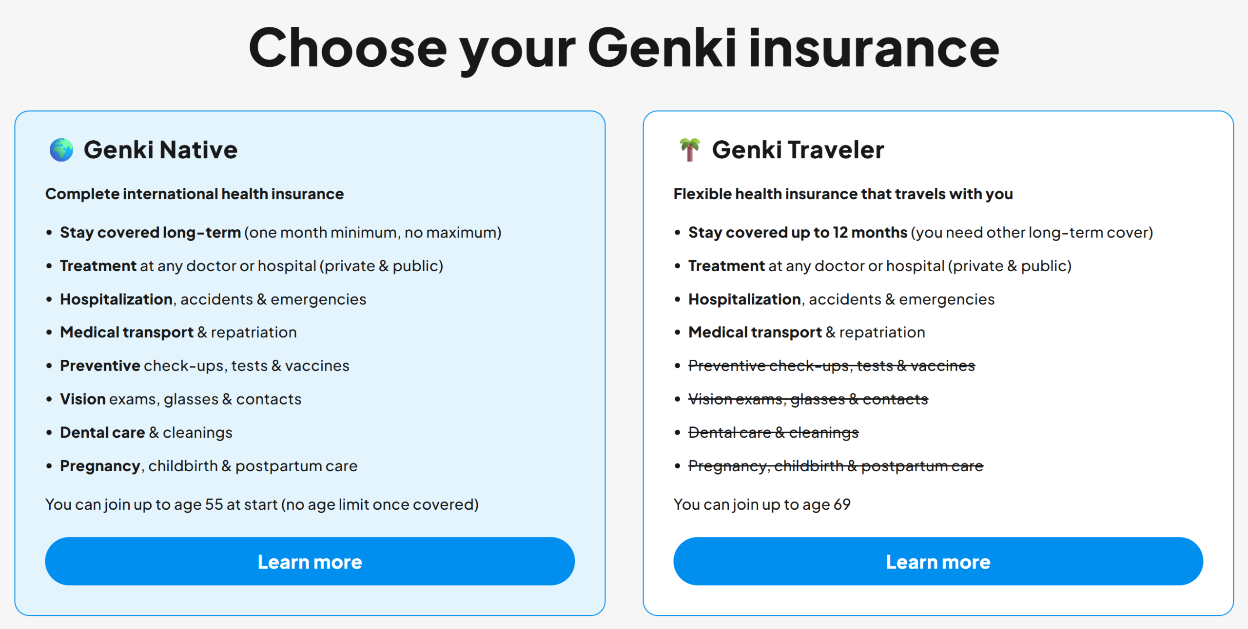 Comparison between Genki's Native and Traveler insurance plans