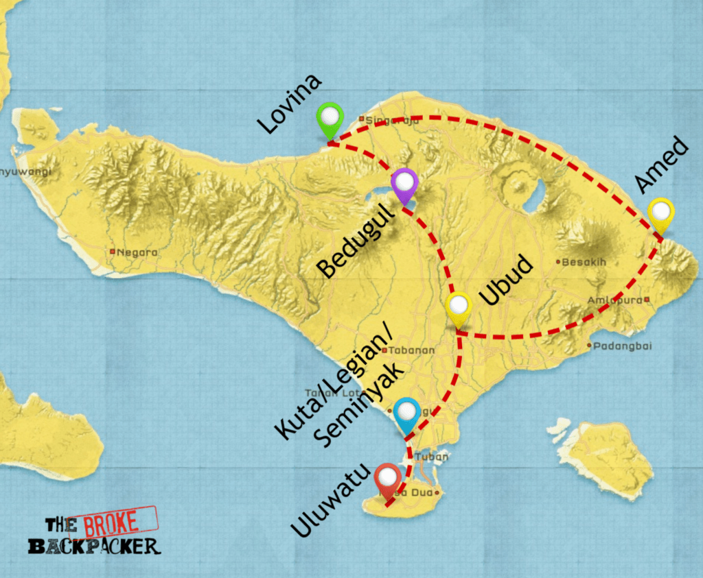 Map of Bali 10-day travel itinerary