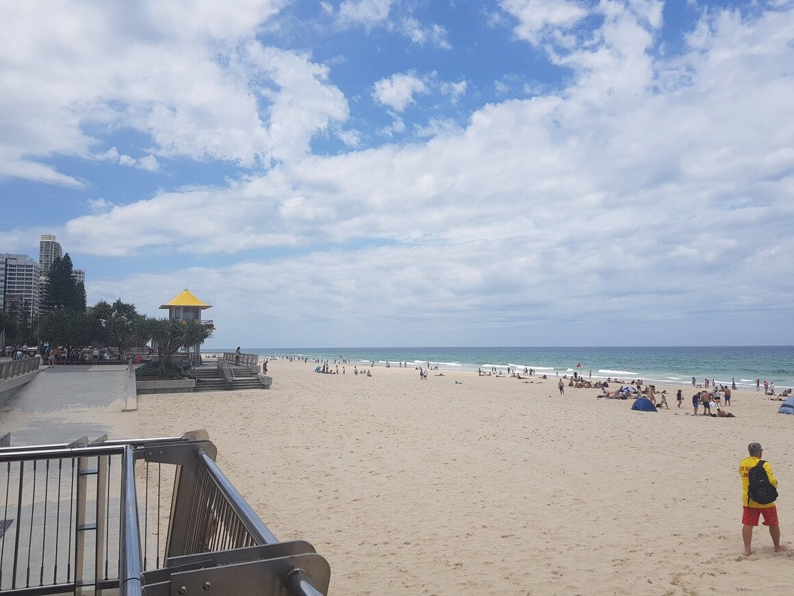 Coastline and beach of Surfer's Paradise on a cloudy but sunny day