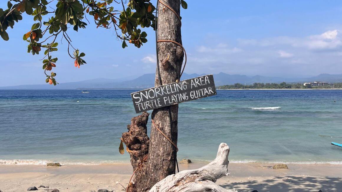 sign saying "snorkeling area turtle playing guitar" in gili air, indonesia