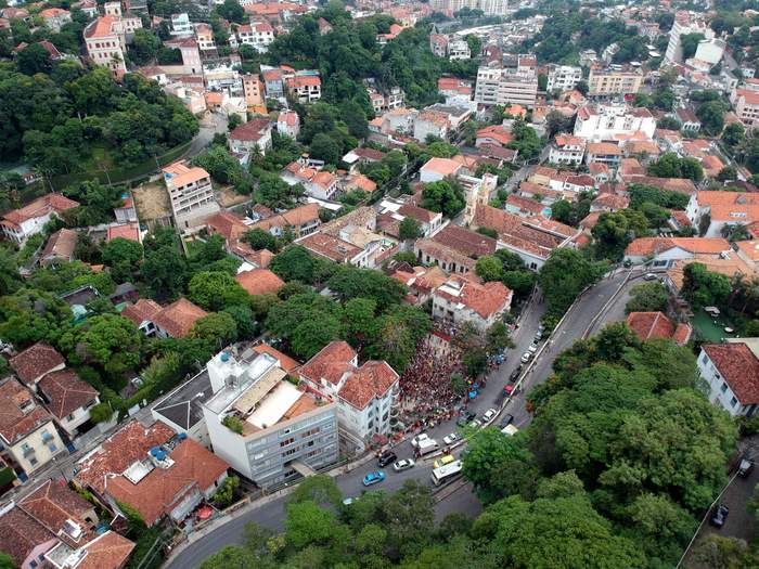 birds eye view of a street party through Santa Teresa, rio de janeiro. where to stay in Rio de Janeiro