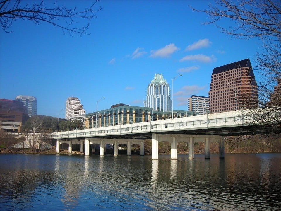 Bridge on the river overlooking Downtown Austin