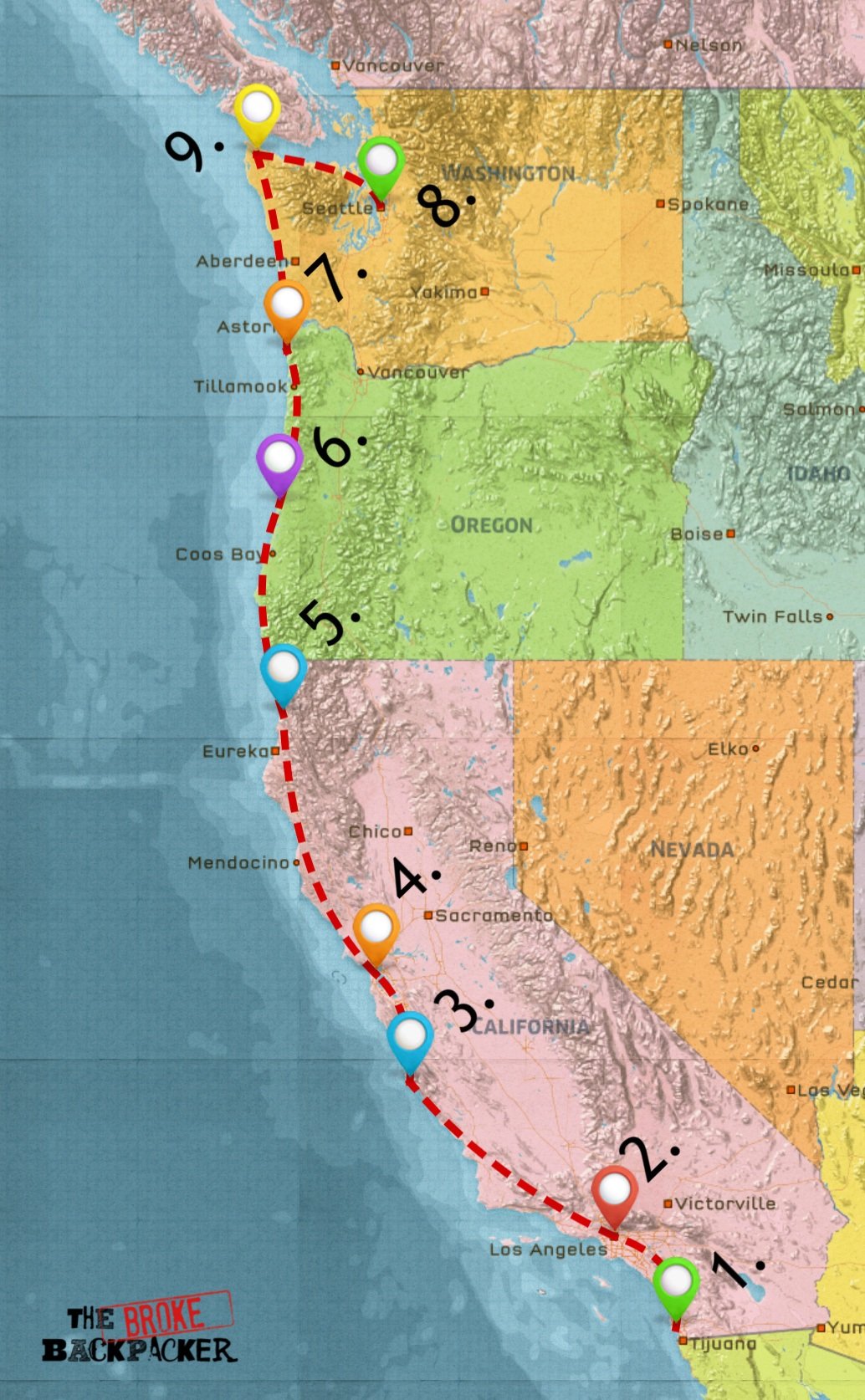 map of west coast road trip itinerary 14 days